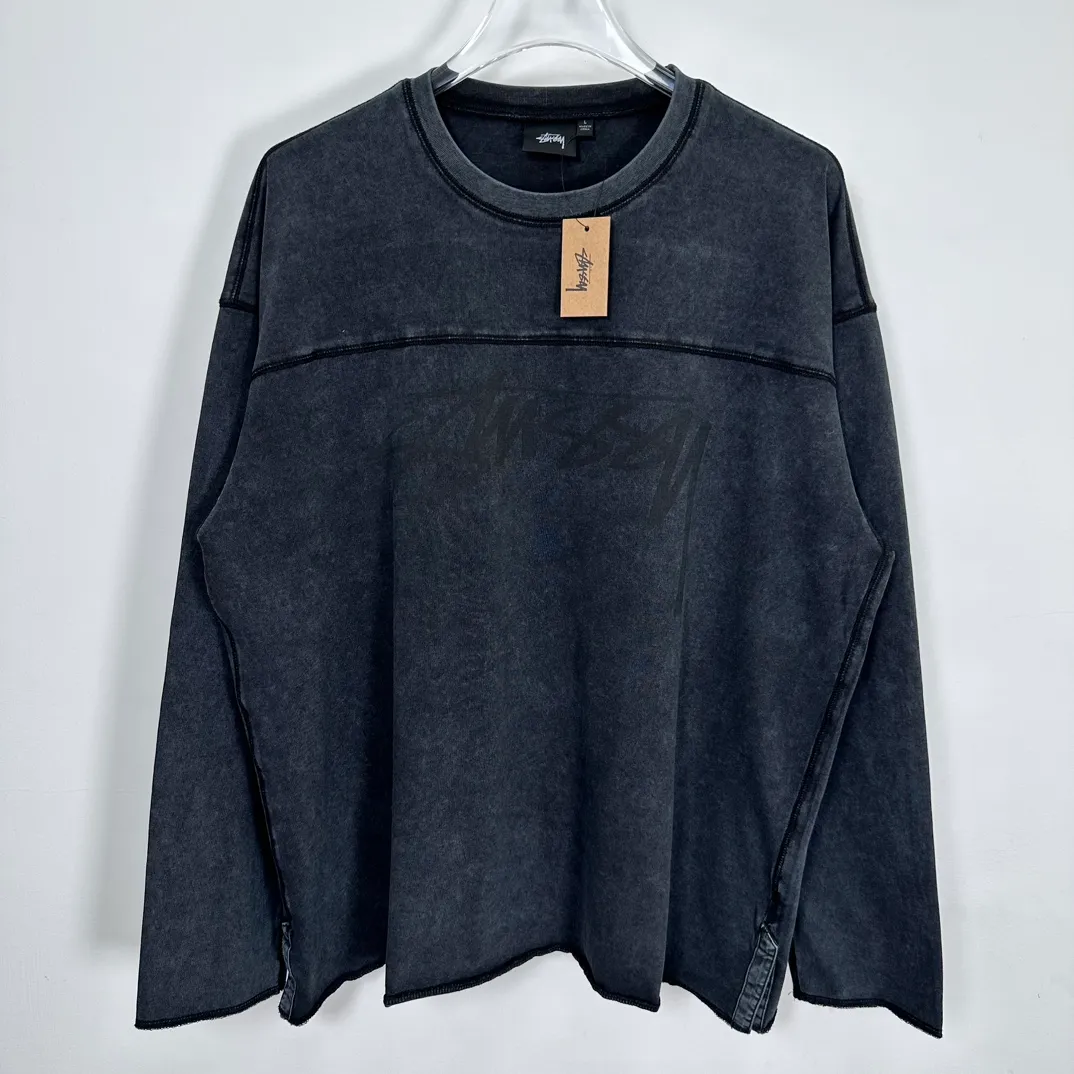 Washed long-sleeved T-shirt STUSSY FW24 FOOTBALL CREW PIGMENT DYED TEE washed black S-XL