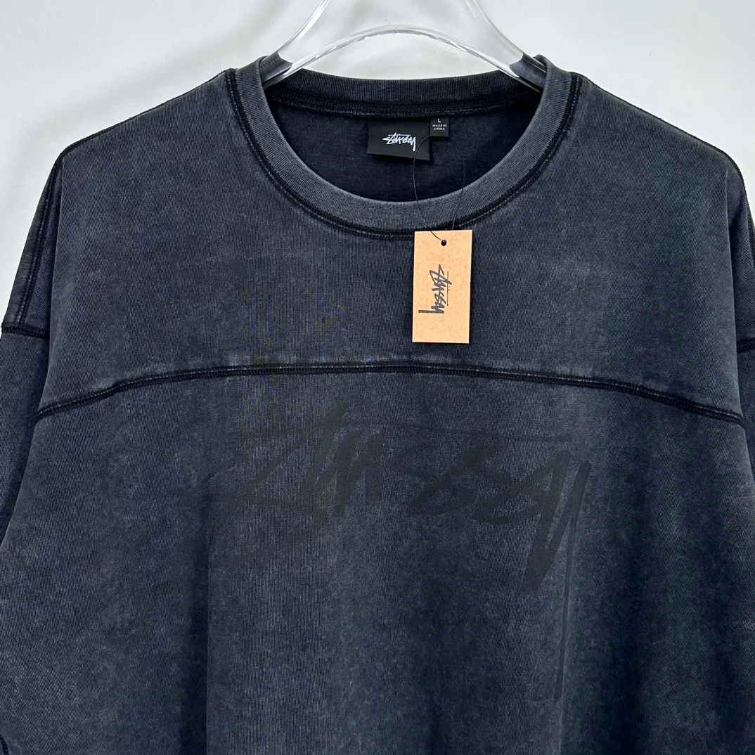 Washed long-sleeved T-shirt STUSSY FW24 FOOTBALL CREW PIGMENT DYED TEE washed black S-XL