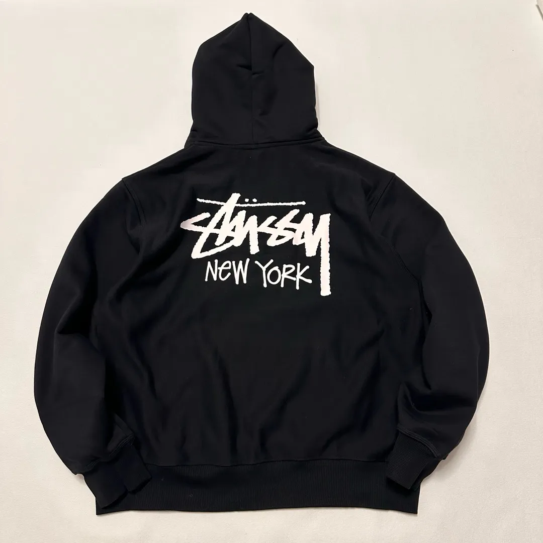 Stussy City Limited Series New York Letter Logo Printed Velvet Zipper Hooded Sweatshirt Black S-XXL