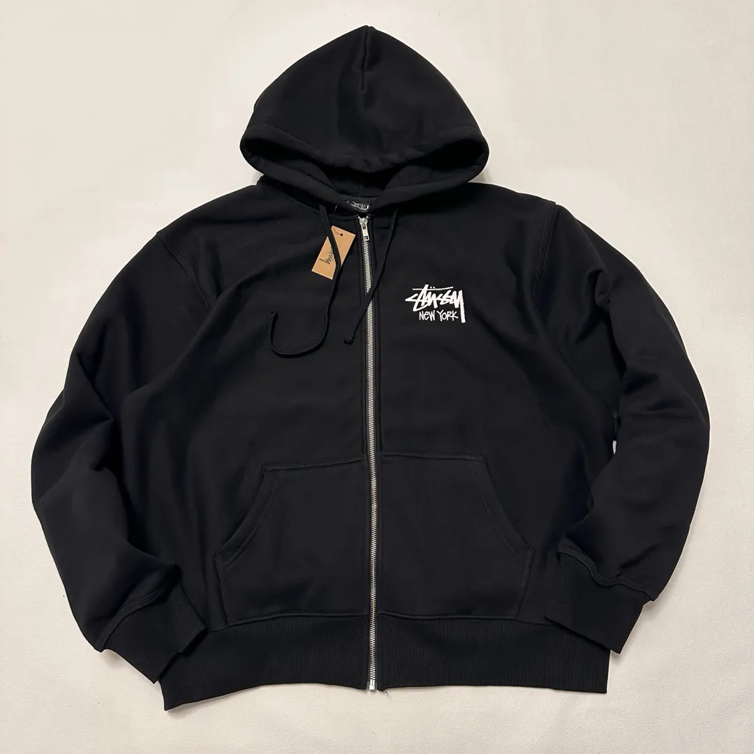 Stussy City Limited Series New York Letter Logo Printed Velvet Zipper Hooded Sweatshirt Black S-XXL