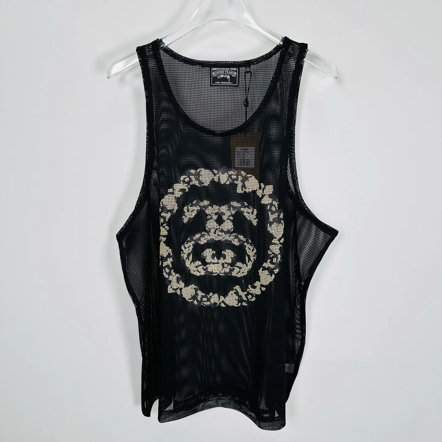 DT vest STUSSY X DENIM TEARS joint model SS25 MESH TANK garland mesh hollow vest black S- XL