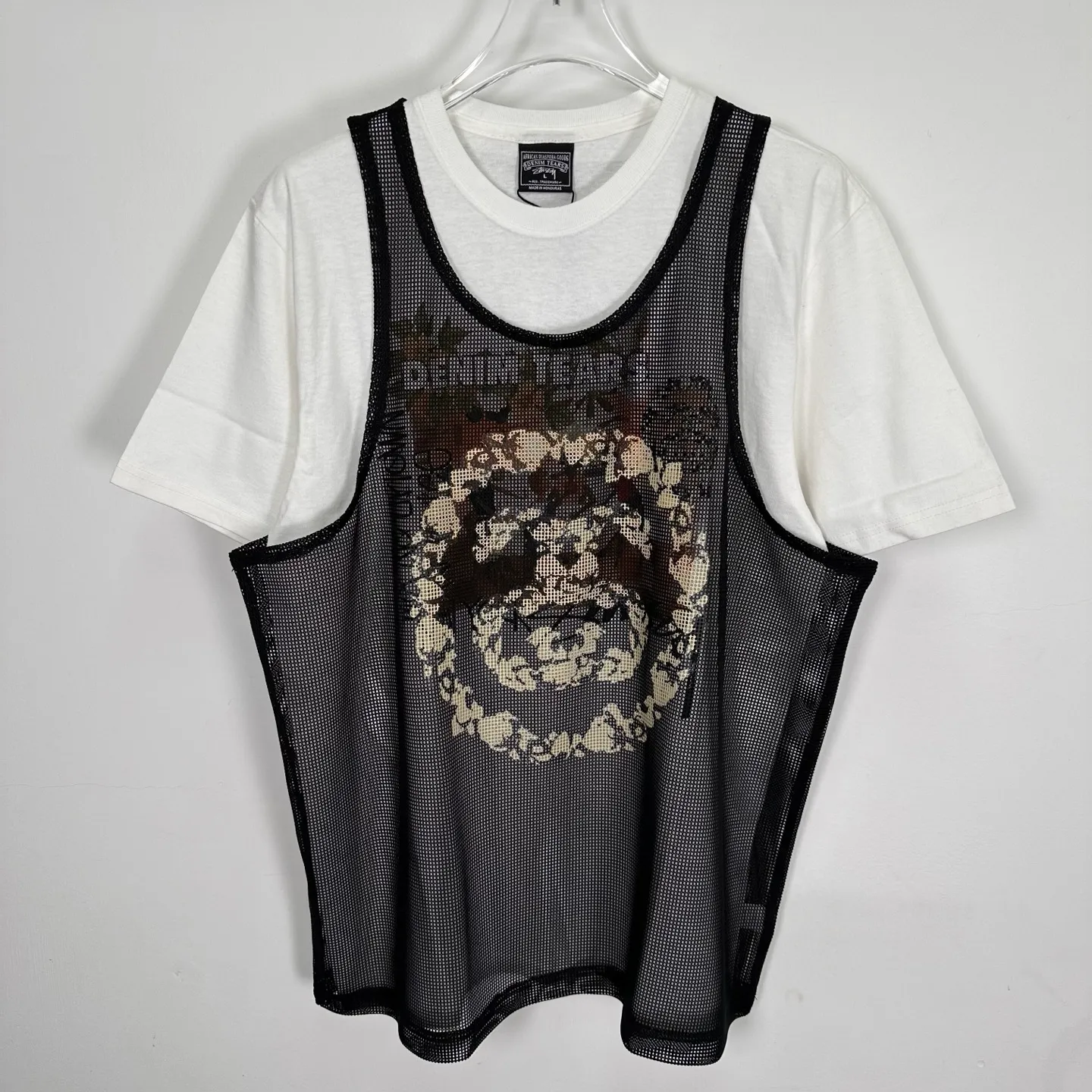 DT vest STUSSY X DENIM TEARS joint model SS25 MESH TANK garland mesh hollow vest black S- XL