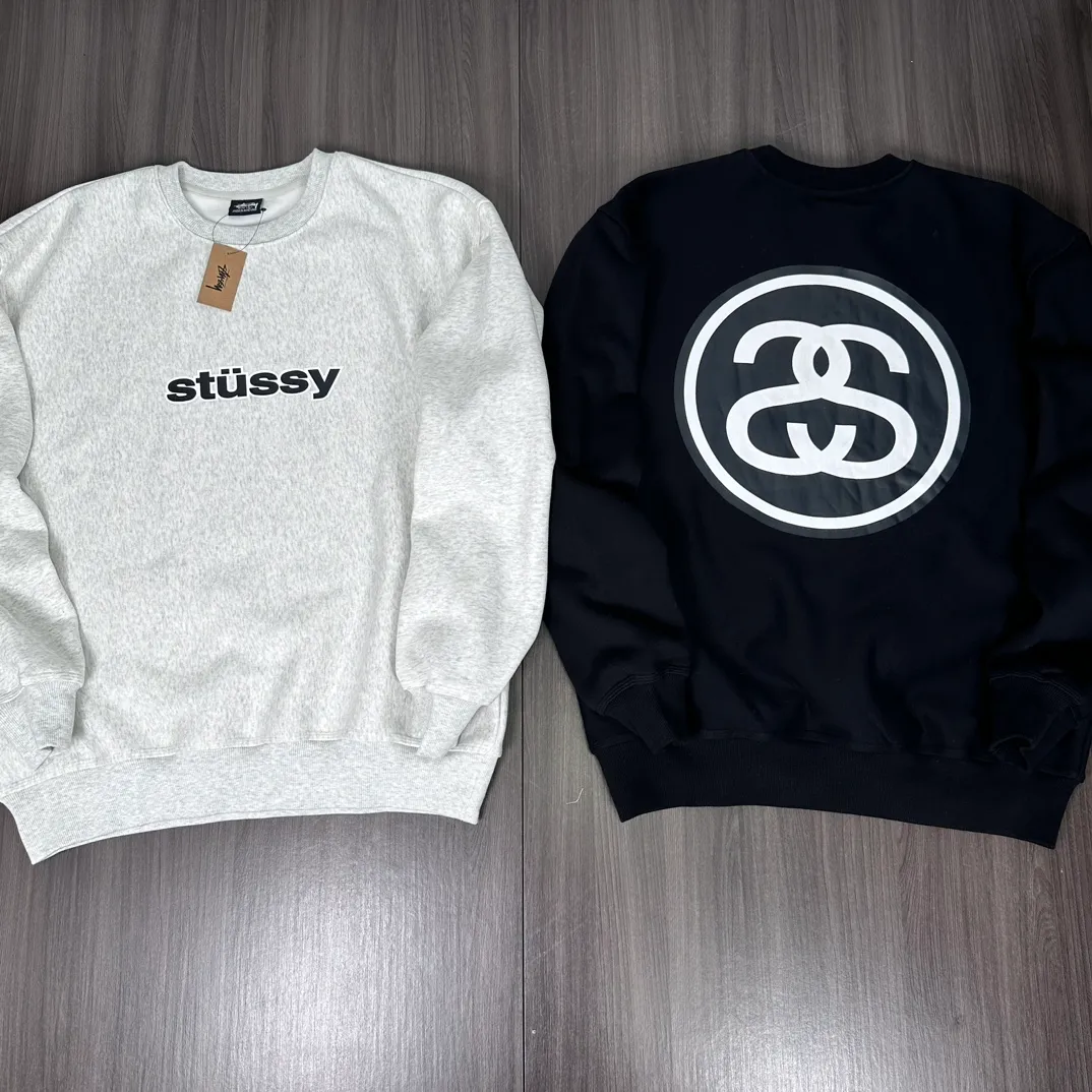 STUSSY 23FW SS-LINK CREW Double S-shaped chain printed pattern round neck sweatshirt, same style for men and women, black light gray S-XL