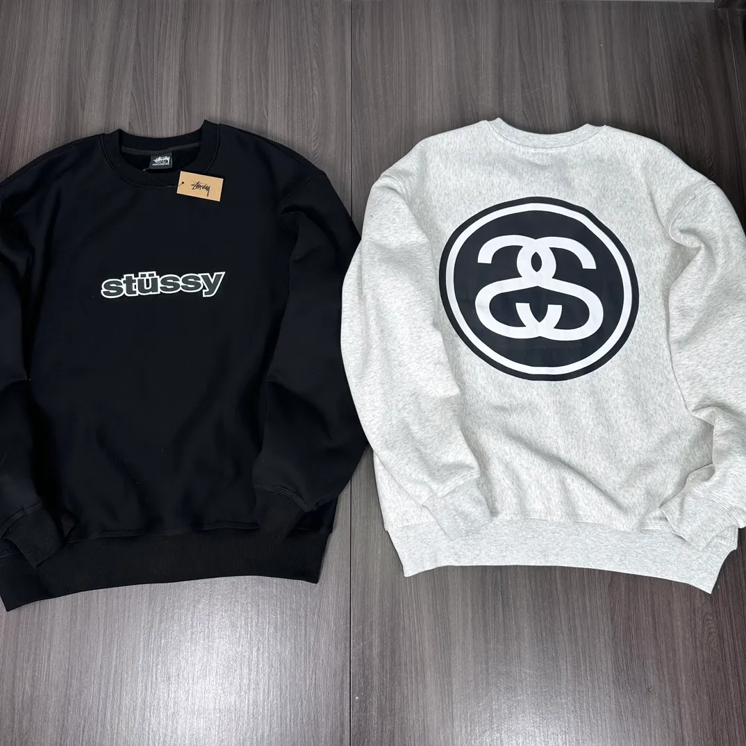 STUSSY 23FW SS-LINK CREW Double S-shaped chain printed pattern round neck sweatshirt, same style for men and women, black light gray S-XL