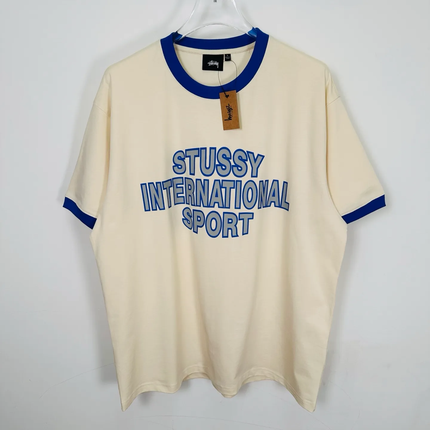Contrast color collar T-shirt STUSSY SS25 HEAVY JERSEY CREW High weight knitted sports short-sleeved washed black beige S- XL