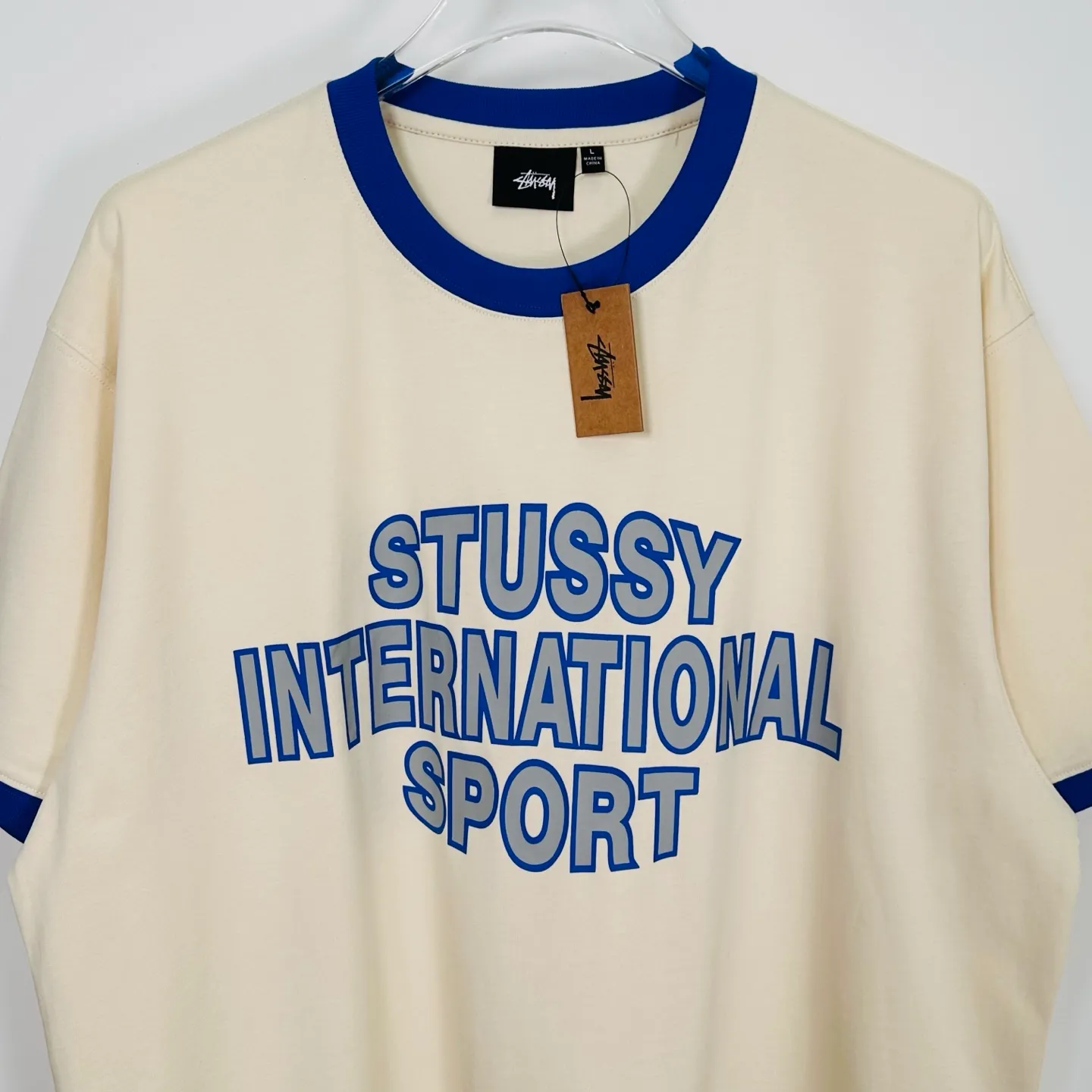 Contrast color collar T-shirt STUSSY SS25 HEAVY JERSEY CREW High weight knitted sports short-sleeved washed black beige S- XL
