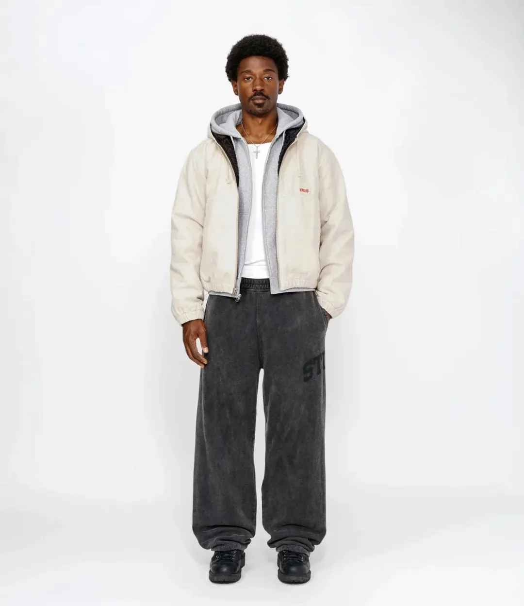 Washed sweatpants STUSSY FW24 FLEECE PANT FADED GRAPHIC loose thin velvet sweatpants with logo on the side, washed black S- XL