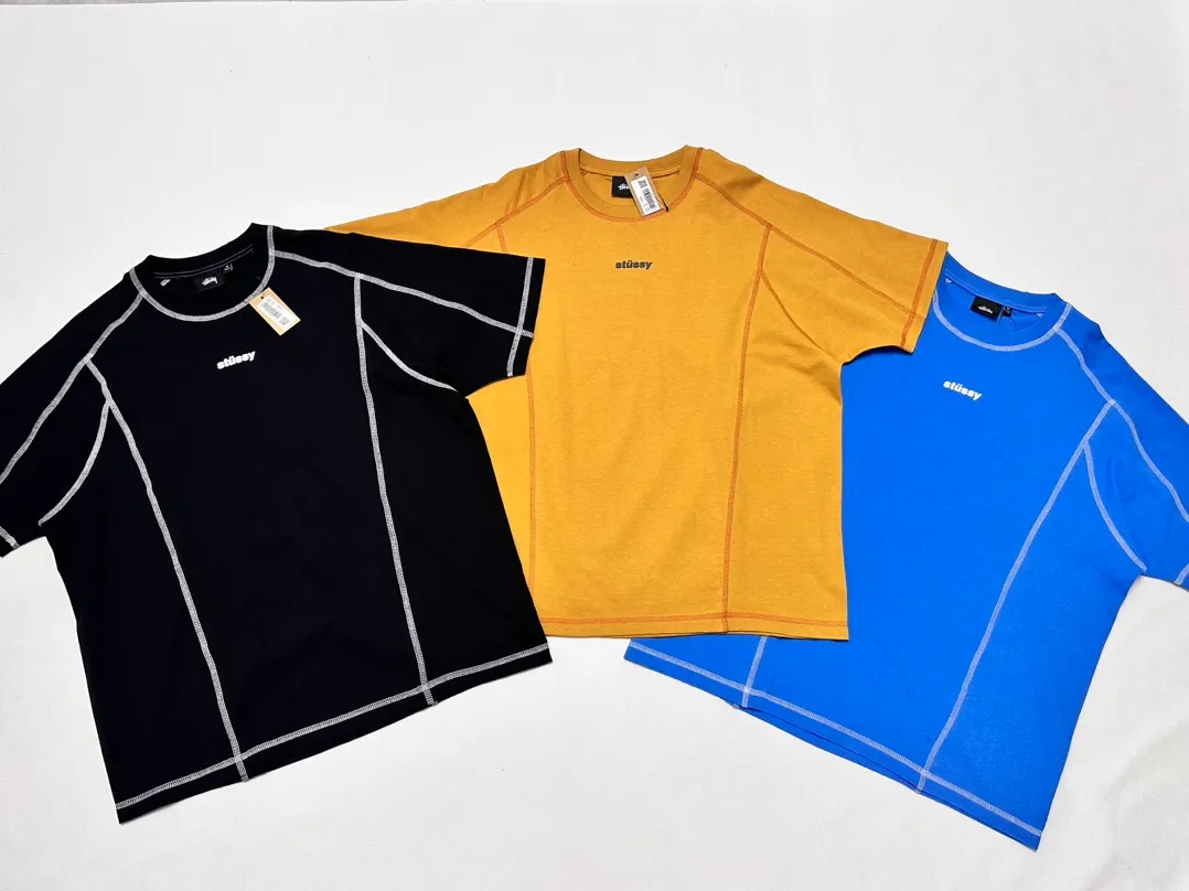 STUSSY SS24 WAVE COTTON CREW TEE Top-stitched Micro Label T-shirt Black Blue Mustard Yellow S-XL Original Same 240g Weight