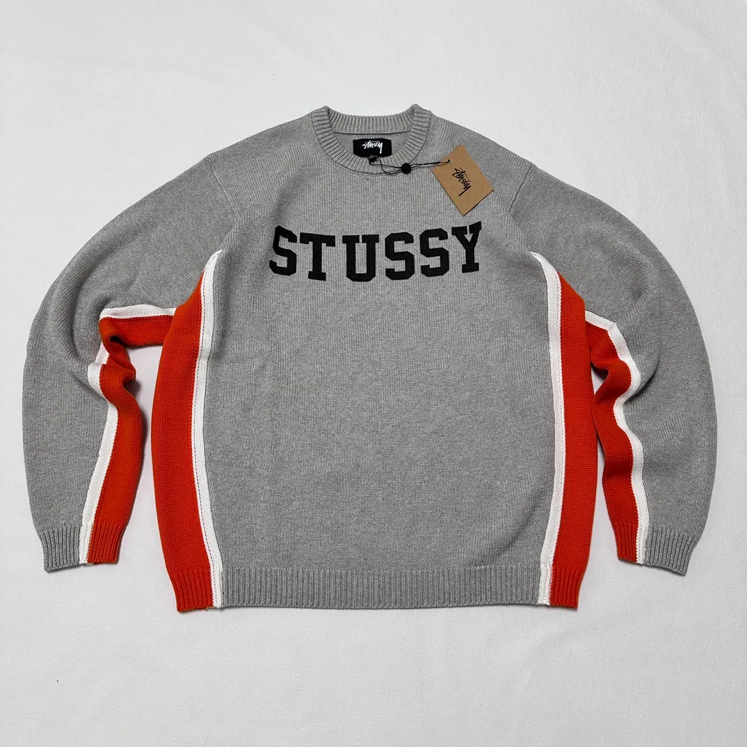 Contrast color patchwork sweater STUSSY FW24 STRIPE CREW Holiday series Jacquard knitted crew neck sweater carbon black M gray M-XL