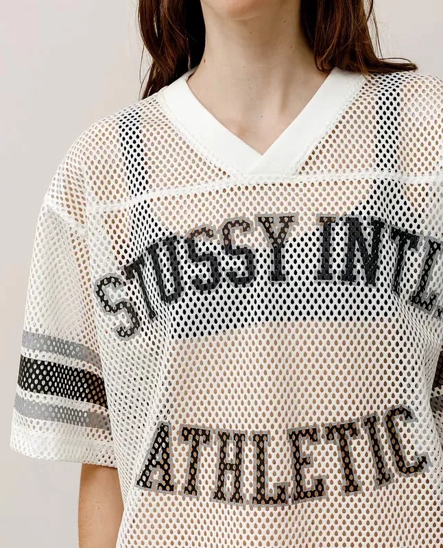 Mesh V-neck T-shirt Stussy SS25 STÜSSY INTERNATIONAL TEAM JERSEY V-neck mesh retro letter short sleeves black and white S-XL