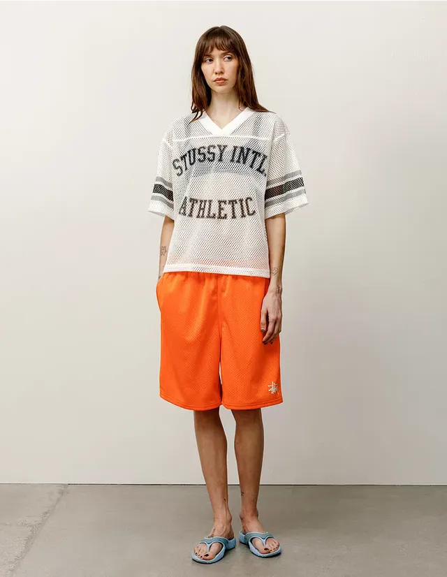 Mesh V-neck T-shirt Stussy SS25 STÜSSY INTERNATIONAL TEAM JERSEY V-neck mesh retro letter short sleeves black and white S-XL