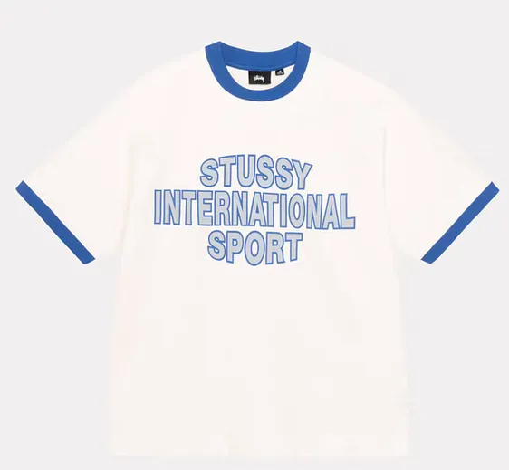 Contrast color collar T-shirt STUSSY SS25 HEAVY JERSEY CREW High weight knitted sports short-sleeved washed black beige S- XL