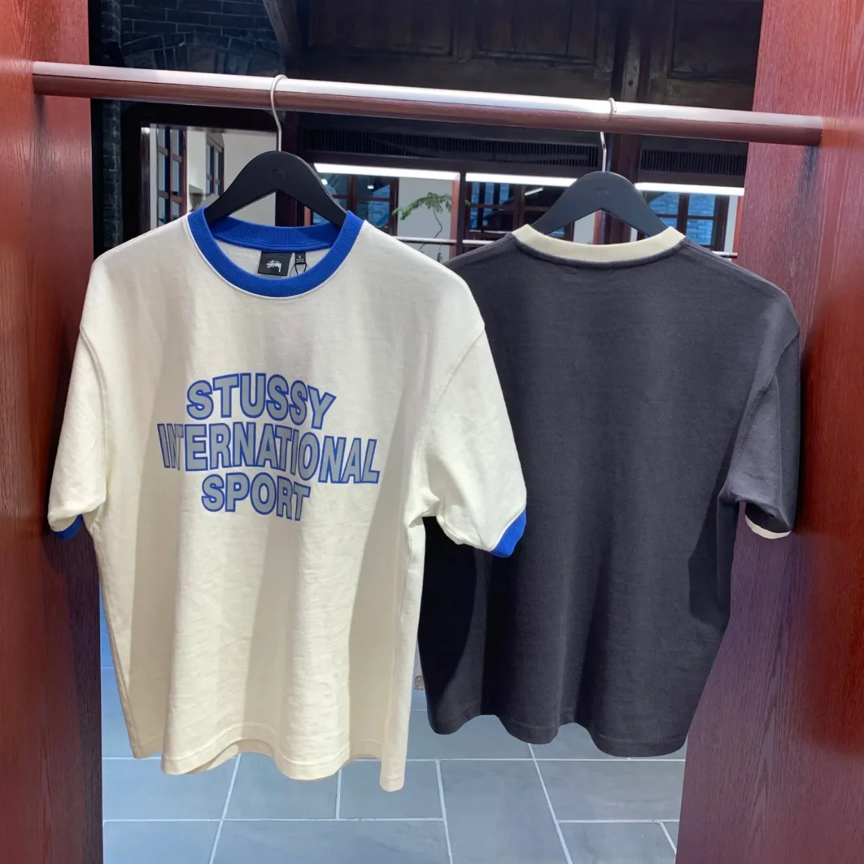 Contrast color collar T-shirt STUSSY SS25 HEAVY JERSEY CREW High weight knitted sports short-sleeved washed black beige S- XL