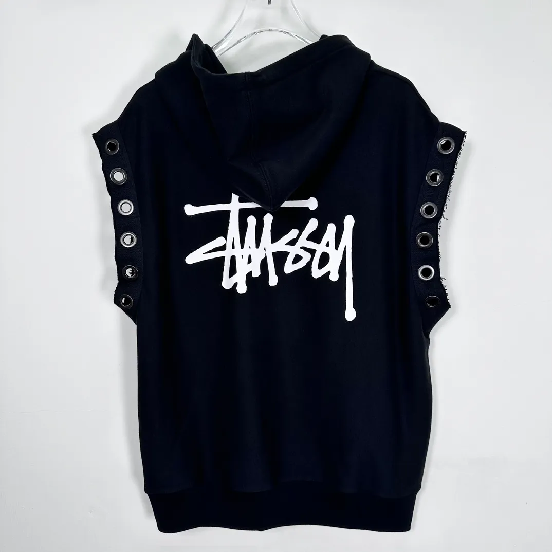 Stussy x JUNYA WATANABE Hooded Vest joint logo eyelet raw edge hooded sweatshirt vest black S-XL