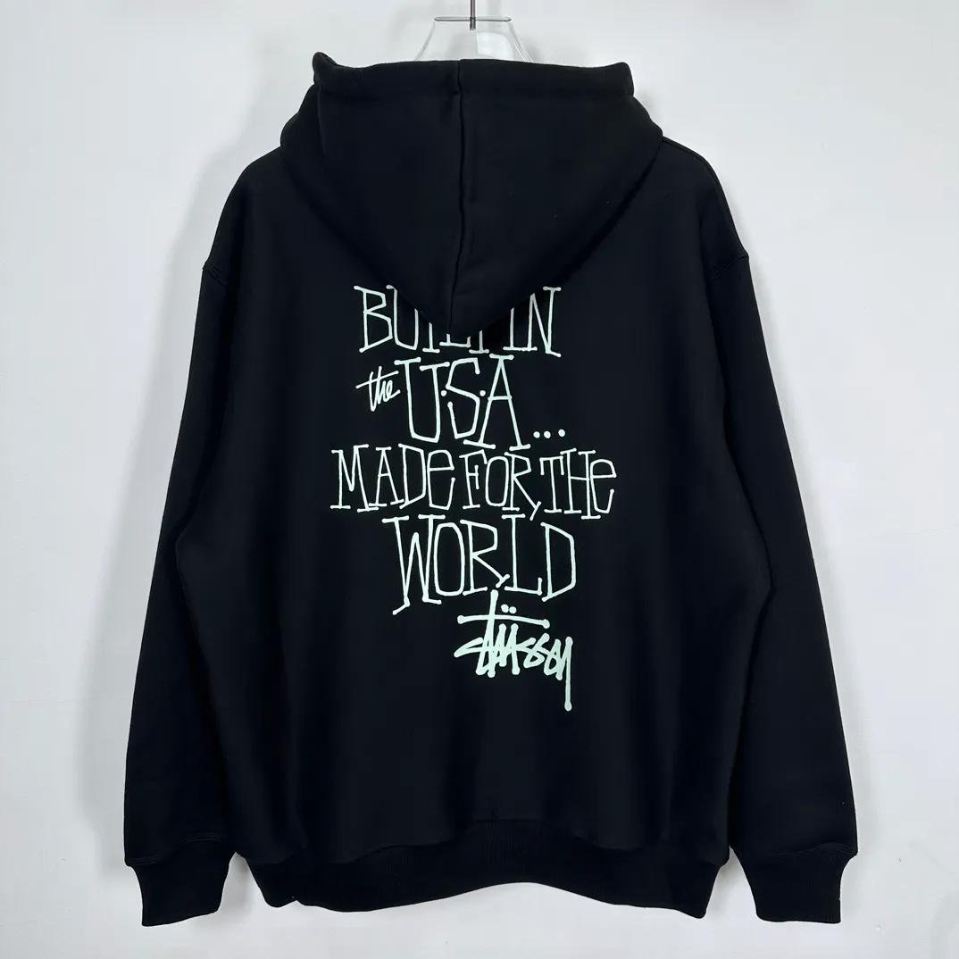 Graffiti word sweatshirt Stussy FW24 BUILT IN USA HOODIE English logo on the back plus velvet hooded sweatshirt/hoodie black gray dark blue S-XL
