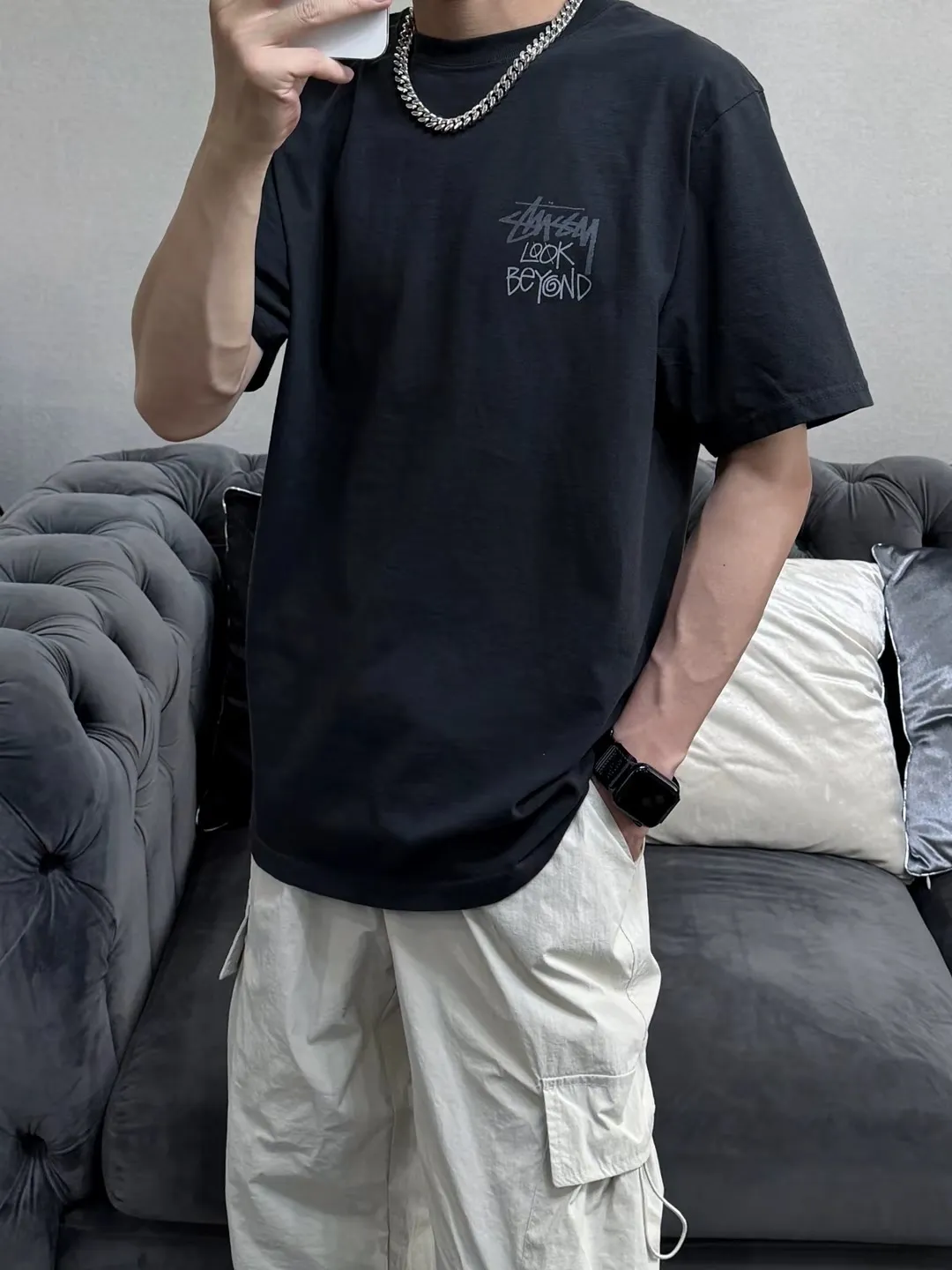 Sun T-shirt STUSSY SS25 LOOK BEYOND TEE PIGMENT DYED Double S sun short-sleeved TEE black and white S- XL