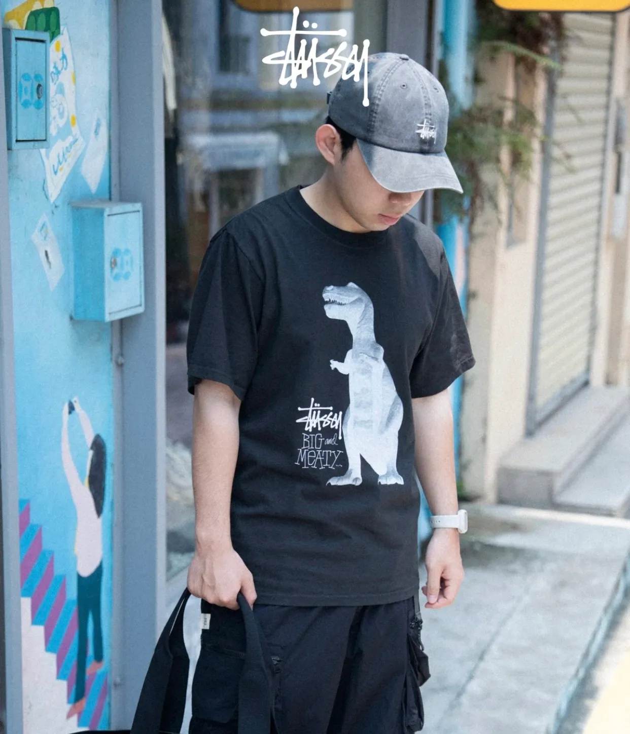 Tyrannosaurus Rex T-shirt STUSSY SS25 BIG & MEATY TEE PIGMENT DYED Dinosaur pattern short-sleeved black and white S- XL