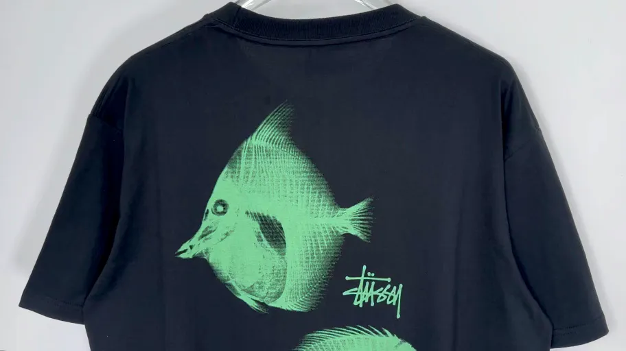 Fishbone T-shirt STUSSY SS25 X-RAY FISHIN TEE Fish X-ray printed pattern short sleeves black and white S- XL