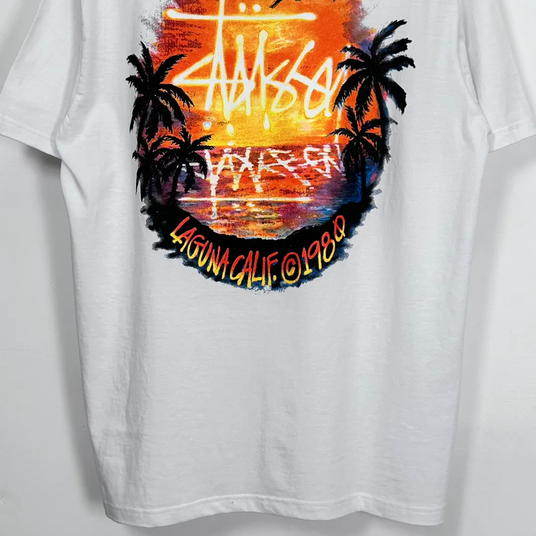 STUSSY SS24 SUNSET TEE Sunset Coconut Beach View T-shirt Black and White S-XL
