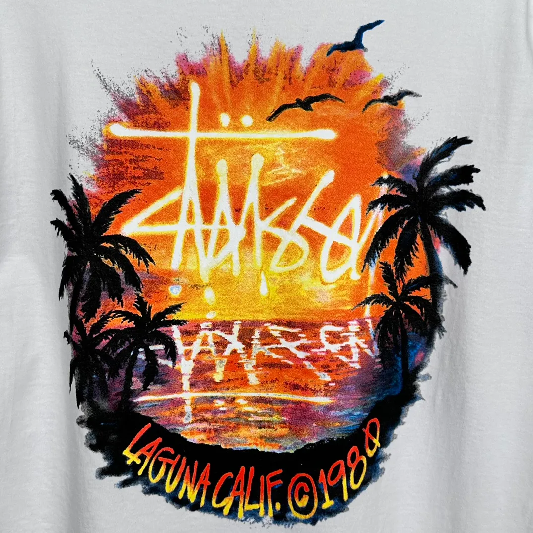 STUSSY SS24 SUNSET TEE Sunset Coconut Beach View T-shirt Black and White S-XL