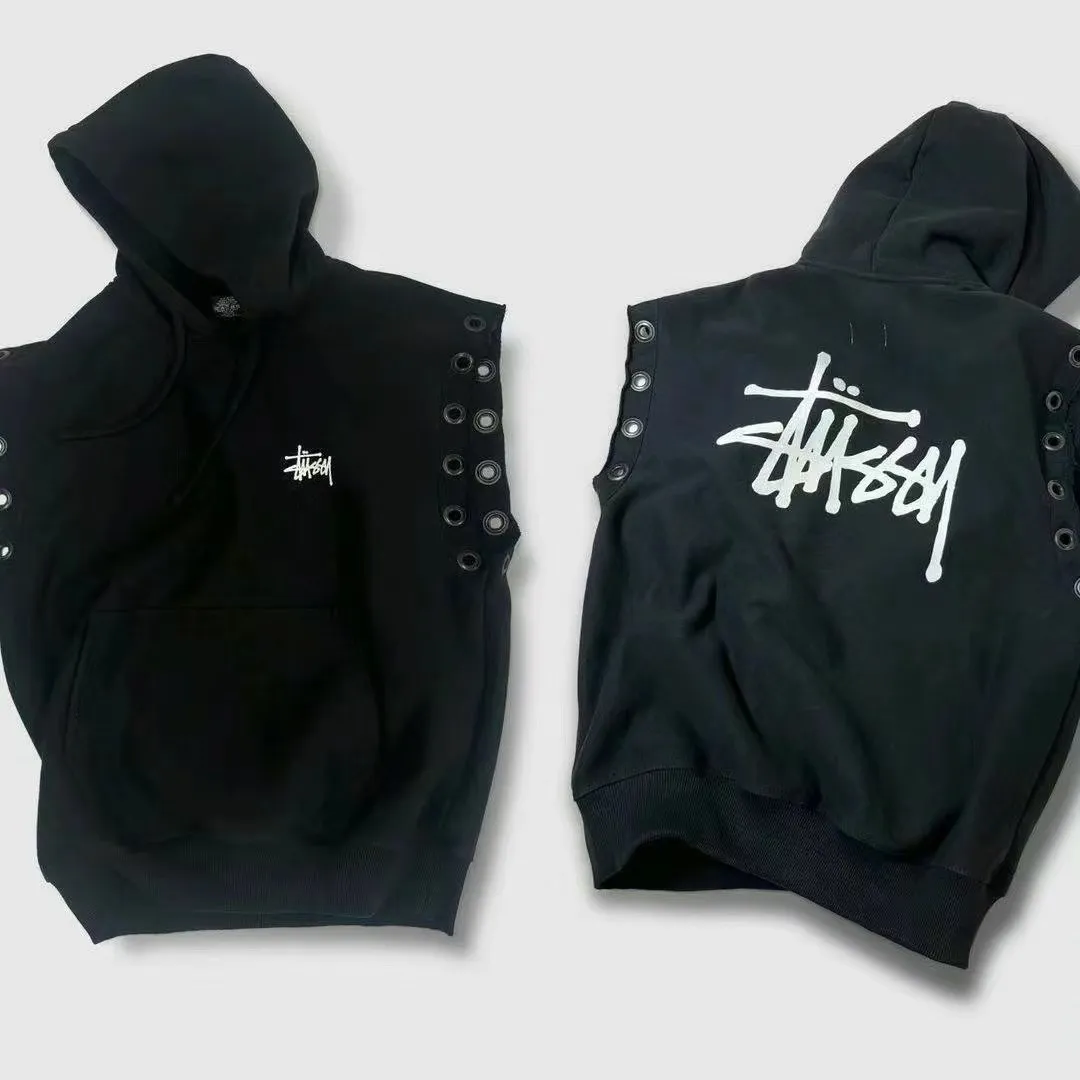 Stussy x JUNYA WATANABE Hooded Vest joint logo eyelet raw edge hooded sweatshirt vest black S-XL