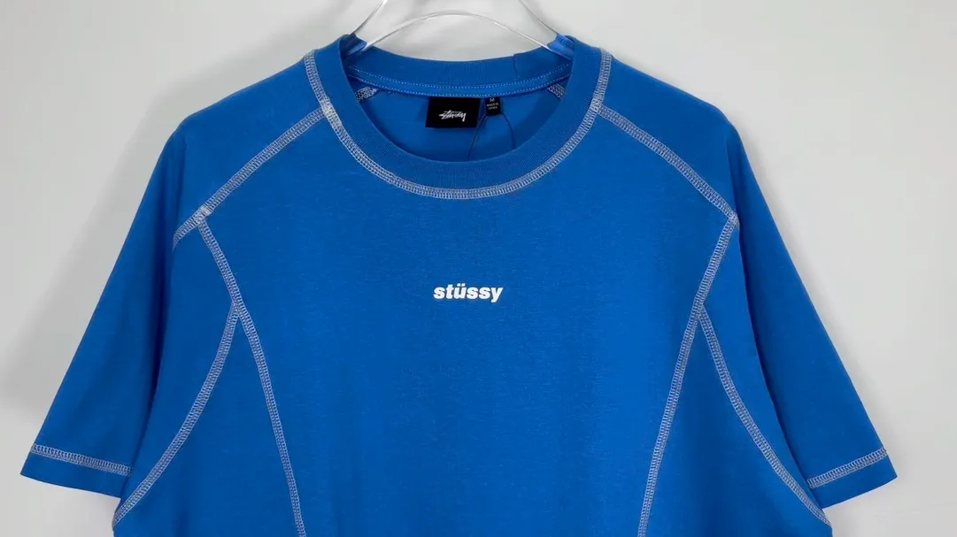 STUSSY SS24 WAVE COTTON CREW TEE Top-stitched Micro Label T-shirt Black Blue Mustard Yellow S-XL Original Same 240g Weight