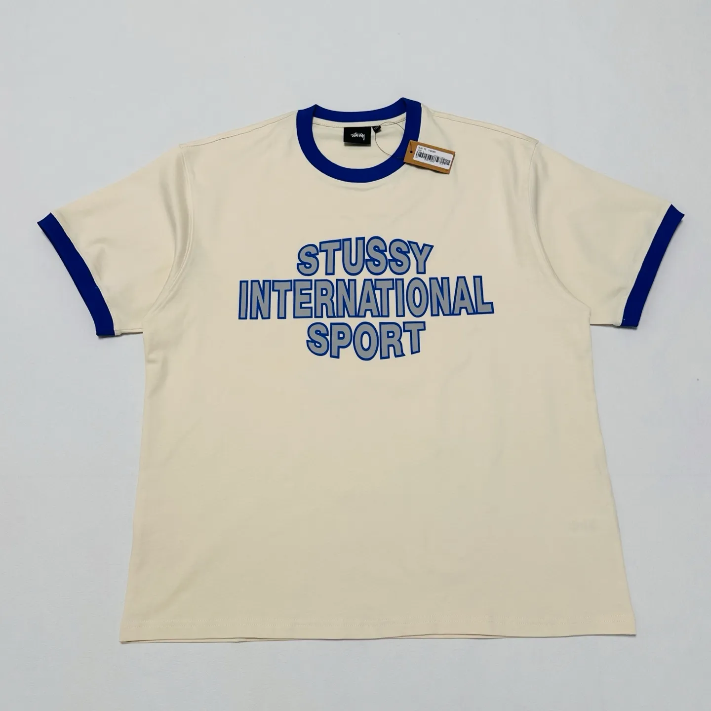 Contrast color collar T-shirt STUSSY SS25 HEAVY JERSEY CREW High weight knitted sports short-sleeved washed black beige S- XL