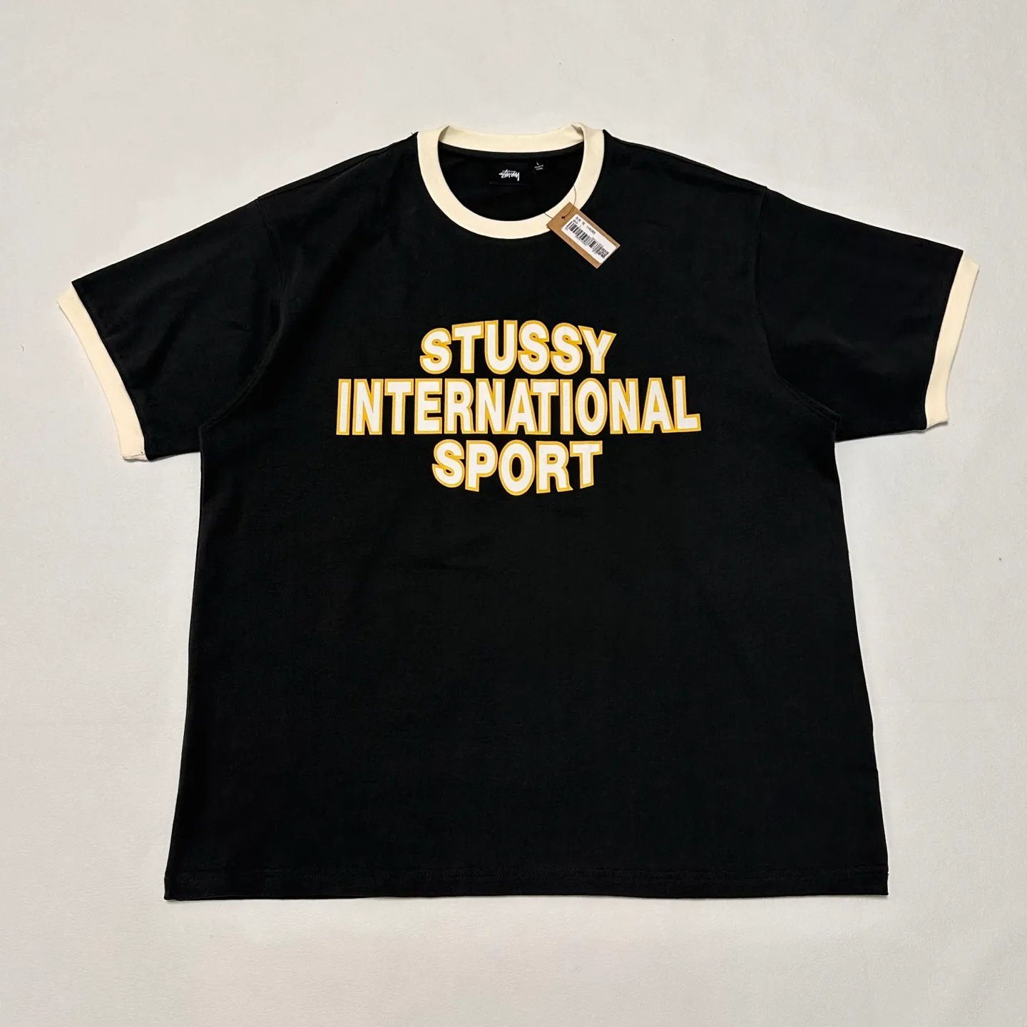 Contrast color collar T-shirt STUSSY SS25 HEAVY JERSEY CREW High weight knitted sports short-sleeved washed black beige S- XL