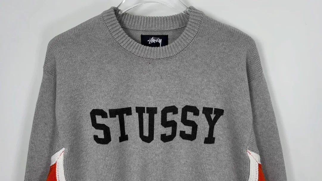Contrast color patchwork sweater STUSSY FW24 STRIPE CREW Holiday series Jacquard knitted crew neck sweater carbon black M gray M-XL