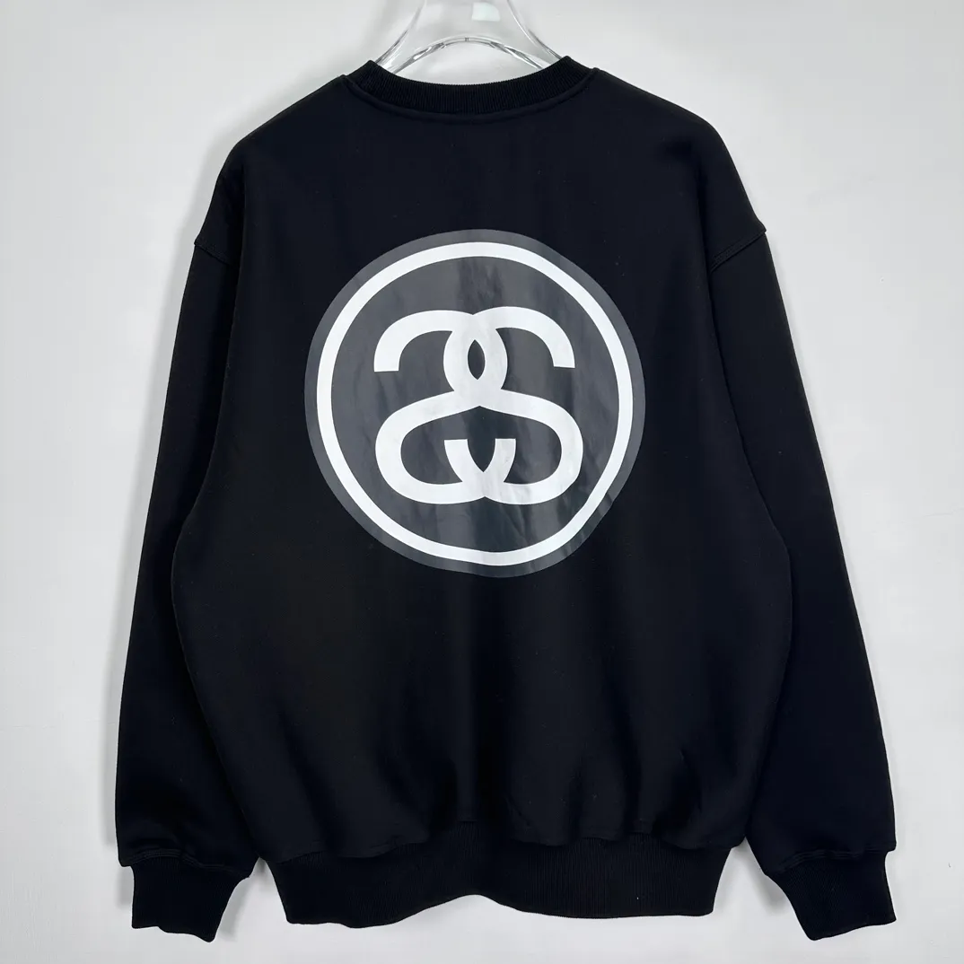 STUSSY 23FW SS-LINK CREW Double S-shaped chain printed pattern round neck sweatshirt, same style for men and women, black light gray S-XL