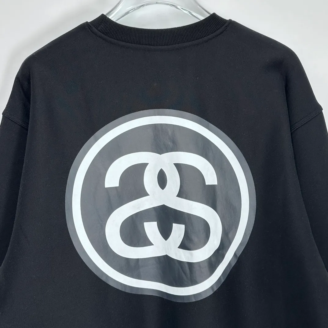STUSSY 23FW SS-LINK CREW Double S-shaped chain printed pattern round neck sweatshirt, same style for men and women, black light gray S-XL