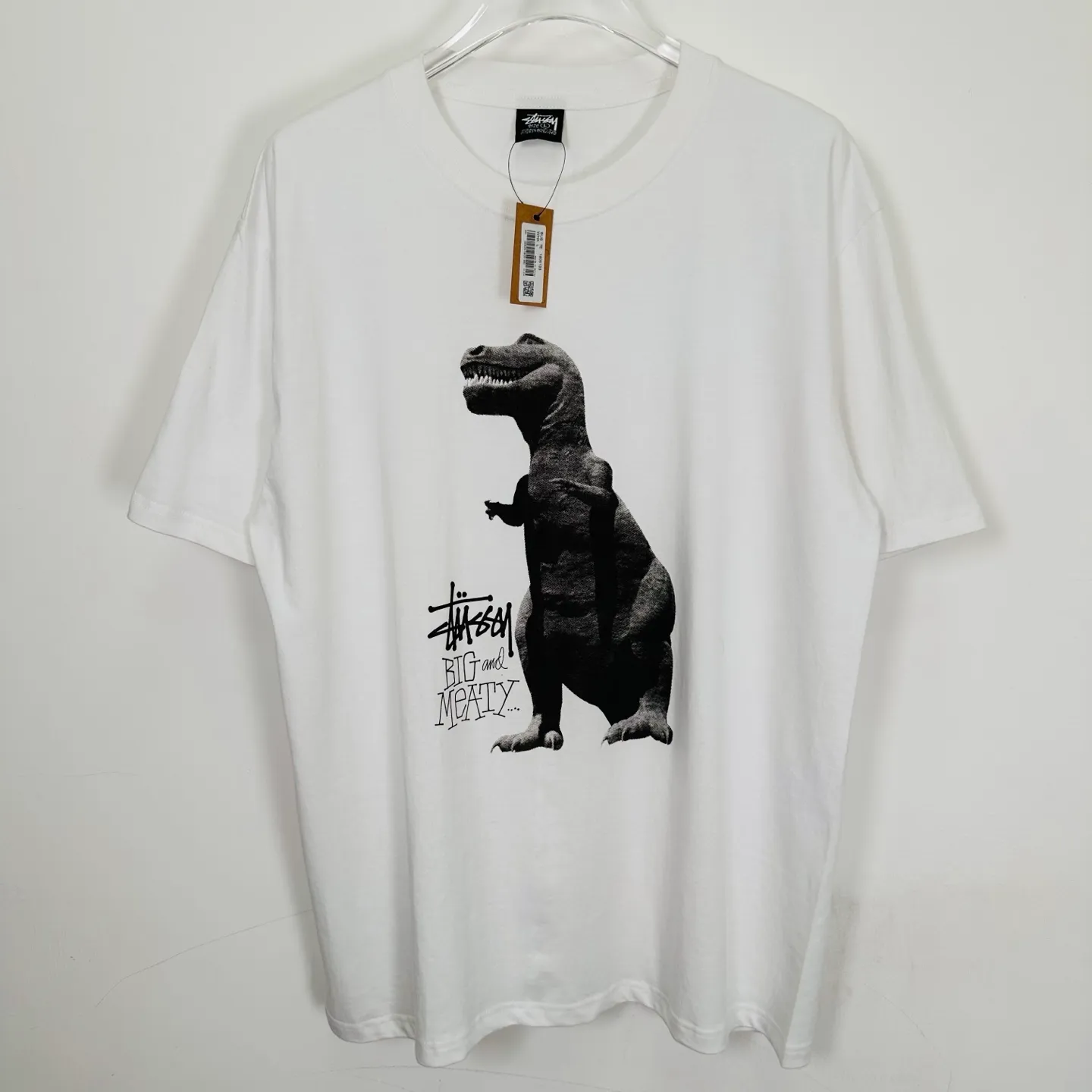Tyrannosaurus Rex T-shirt STUSSY SS25 BIG & MEATY TEE PIGMENT DYED Dinosaur pattern short-sleeved black and white S- XL