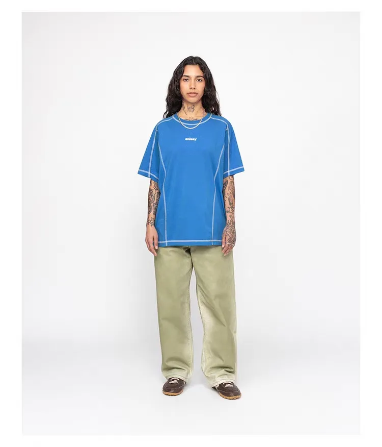 STUSSY SS24 WAVE COTTON CREW TEE Top-stitched Micro Label T-shirt Black Blue Mustard Yellow S-XL Original Same 240g Weight