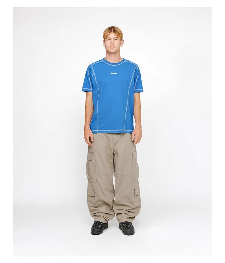 STUSSY SS24 WAVE COTTON CREW TEE Top-stitched Micro Label T-shirt Black Blue Mustard Yellow S-XL Original Same 240g Weight
