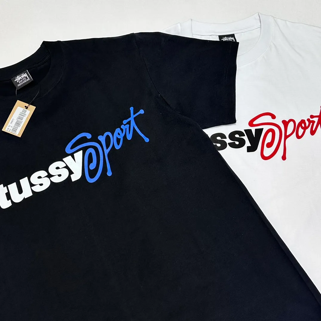 Stussy SS24 SPORT SCRIPT TEE logo letter print sports short-sleeved T-shirt, same style for men and women, black and white S- XL