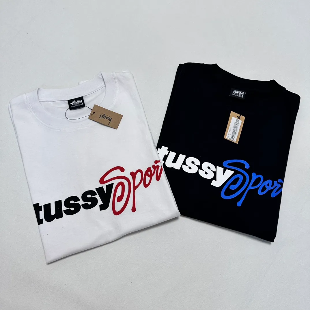 Stussy SS24 SPORT SCRIPT TEE logo letter print sports short-sleeved T-shirt, same style for men and women, black and white S- XL