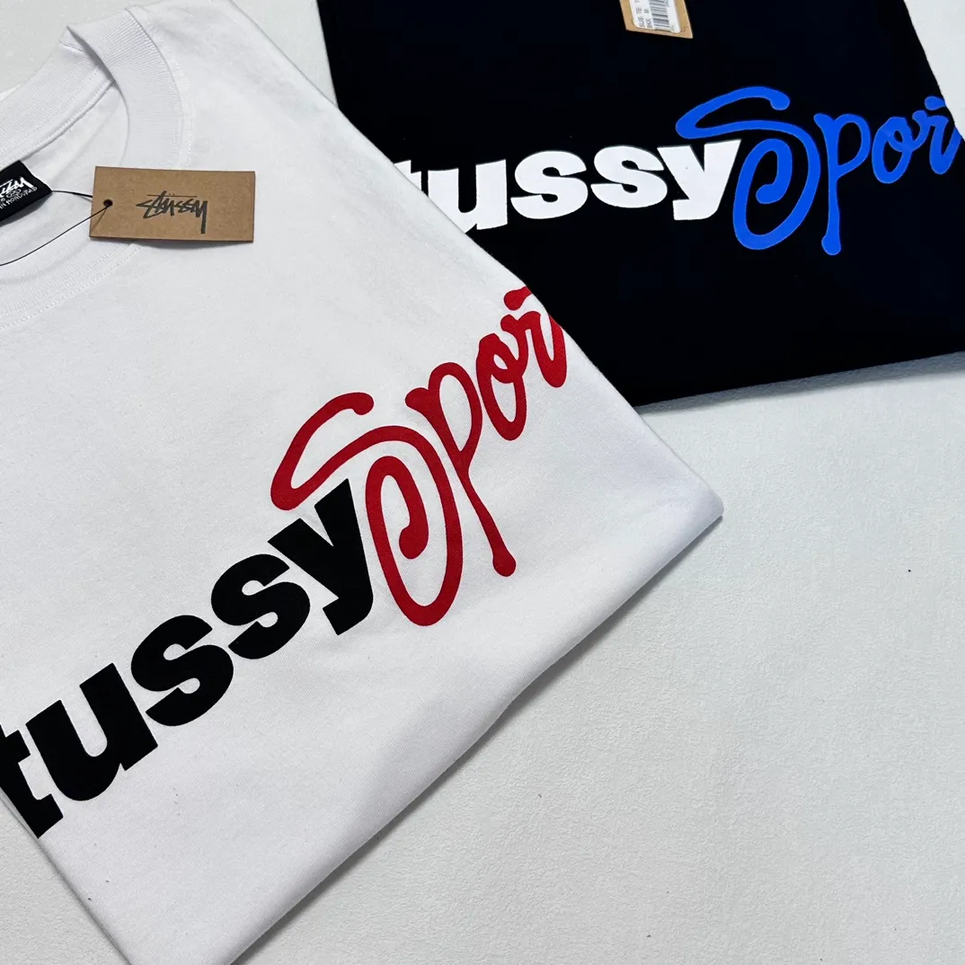 Stussy SS24 SPORT SCRIPT TEE logo letter print sports short-sleeved T-shirt, same style for men and women, black and white S- XL