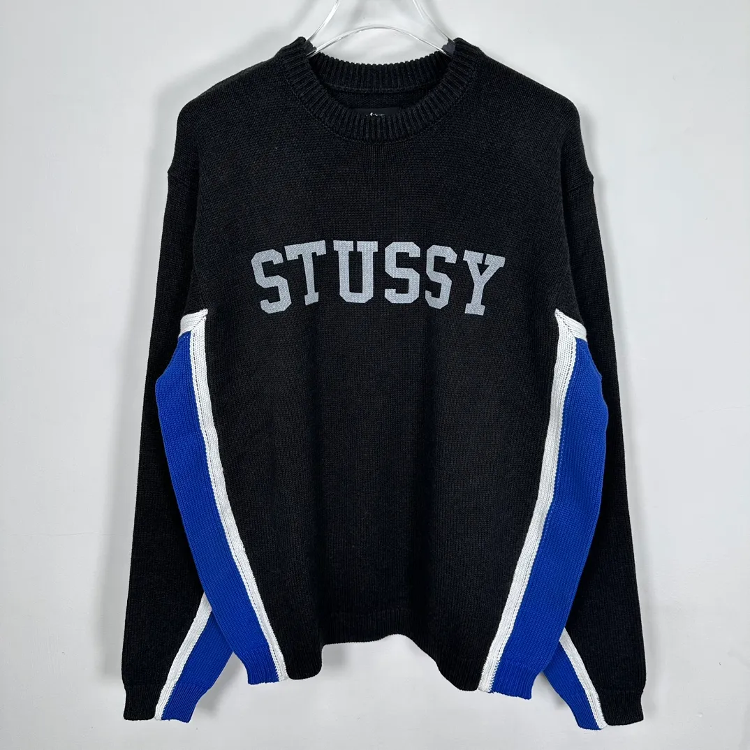 Contrast color patchwork sweater STUSSY FW24 STRIPE CREW Holiday series Jacquard knitted crew neck sweater carbon black M gray M-XL