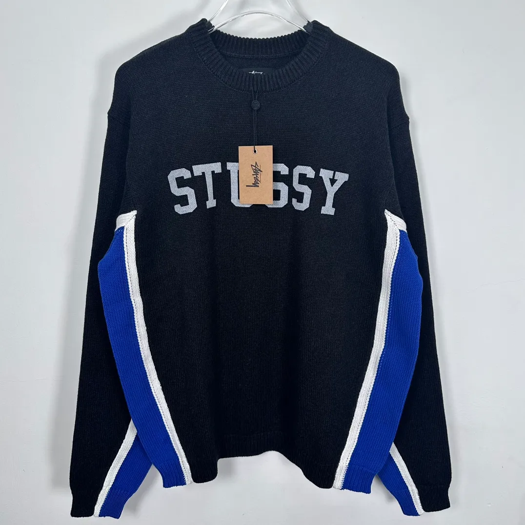 Contrast color patchwork sweater STUSSY FW24 STRIPE CREW Holiday series Jacquard knitted crew neck sweater carbon black M gray M-XL