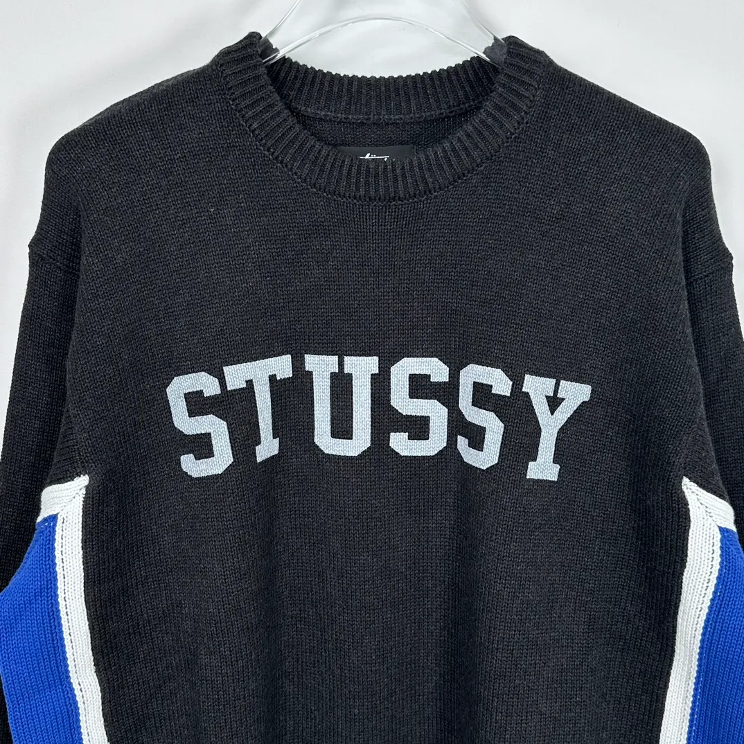 Contrast color patchwork sweater STUSSY FW24 STRIPE CREW Holiday series Jacquard knitted crew neck sweater carbon black M gray M-XL