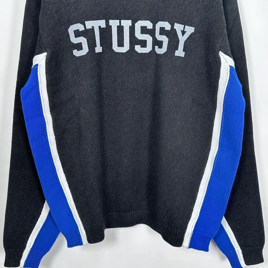 Contrast color patchwork sweater STUSSY FW24 STRIPE CREW Holiday series Jacquard knitted crew neck sweater carbon black M gray M-XL