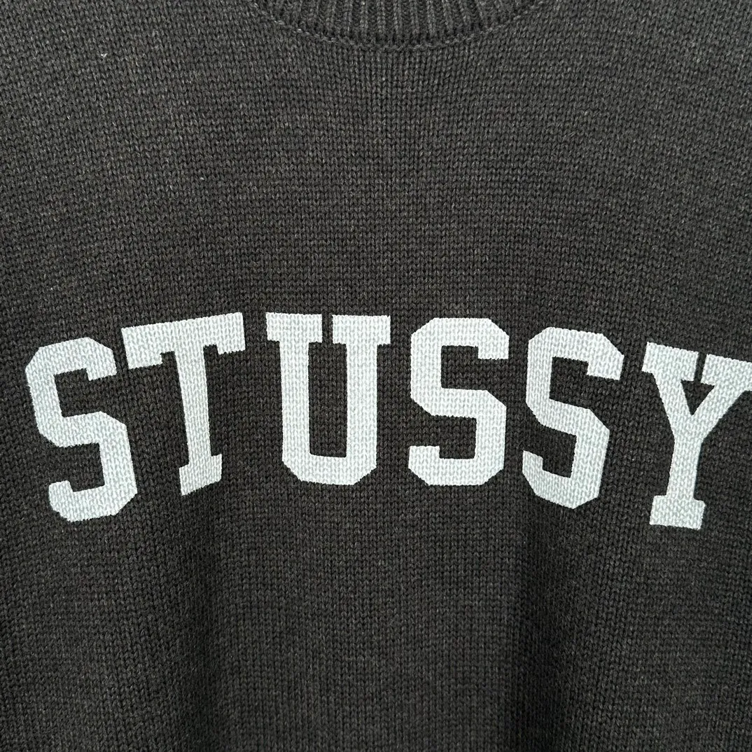 Contrast color patchwork sweater STUSSY FW24 STRIPE CREW Holiday series Jacquard knitted crew neck sweater carbon black M gray M-XL