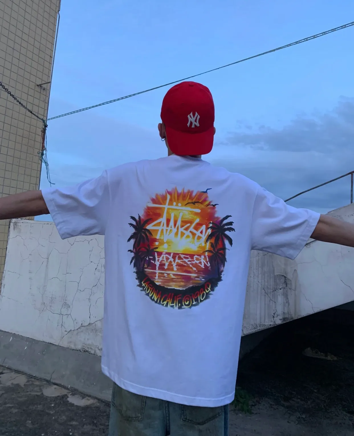 STUSSY SS24 SUNSET TEE Sunset Coconut Beach View T-shirt Black and White S-XL