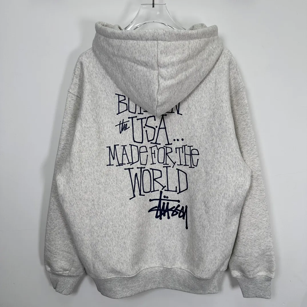 Graffiti word sweatshirt Stussy FW24 BUILT IN USA HOODIE English logo on the back plus velvet hooded sweatshirt/hoodie black gray dark blue S-XL