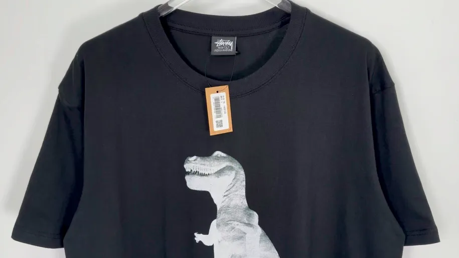 Tyrannosaurus Rex T-shirt STUSSY SS25 BIG & MEATY TEE PIGMENT DYED Dinosaur pattern short-sleeved black and white S- XL