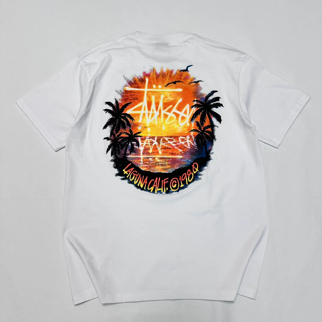 STUSSY SS24 SUNSET TEE Sunset Coconut Beach View T-shirt Black and White S-XL