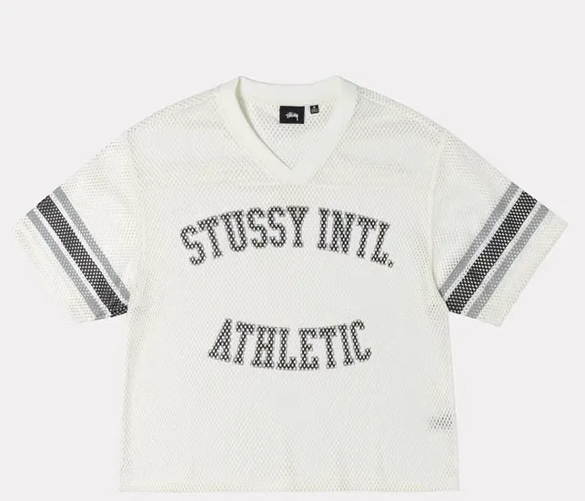 Mesh V-neck T-shirt Stussy SS25 STÜSSY INTERNATIONAL TEAM JERSEY V-neck mesh retro letter short sleeves black and white S-XL
