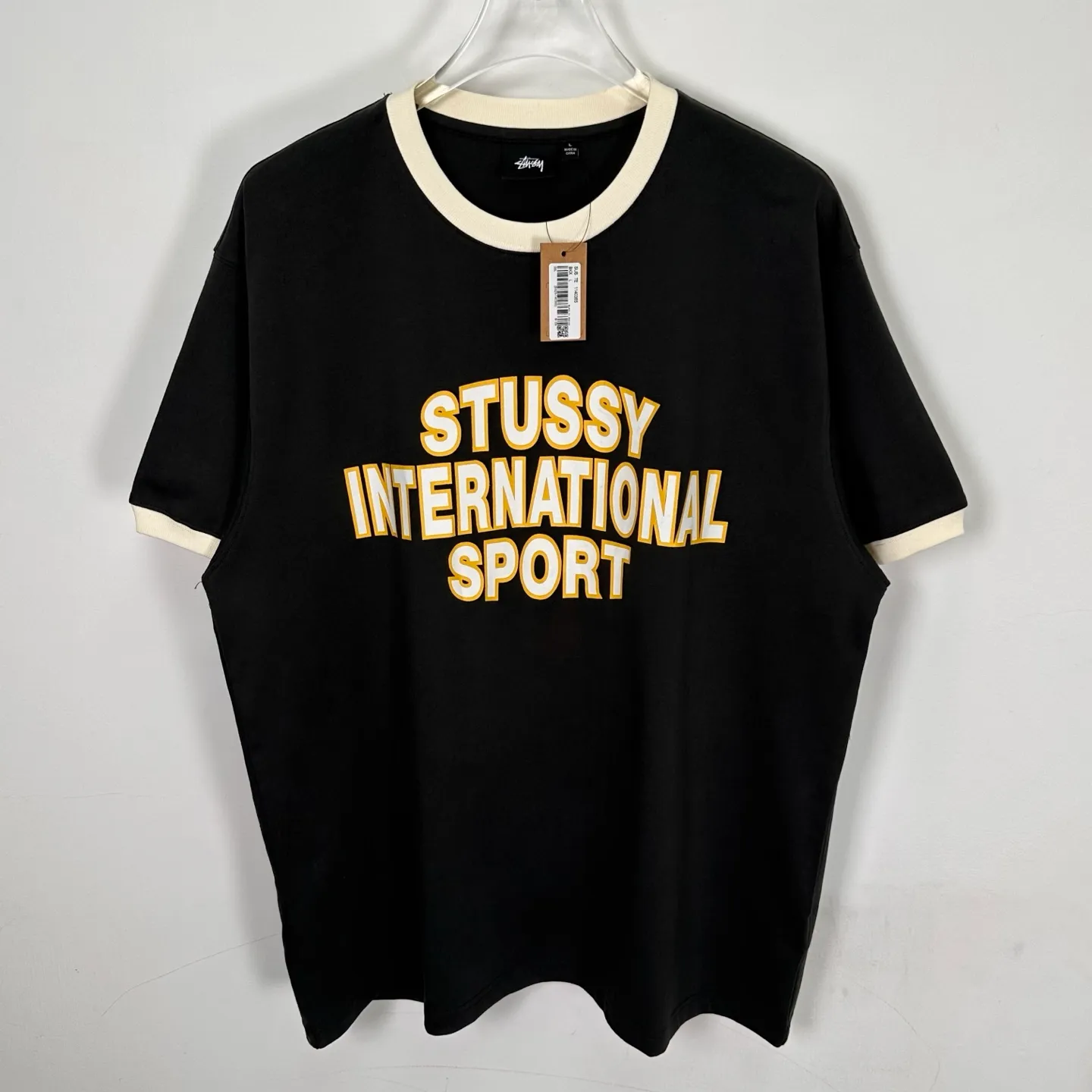 Contrast color collar T-shirt STUSSY SS25 HEAVY JERSEY CREW High weight knitted sports short-sleeved washed black beige S- XL