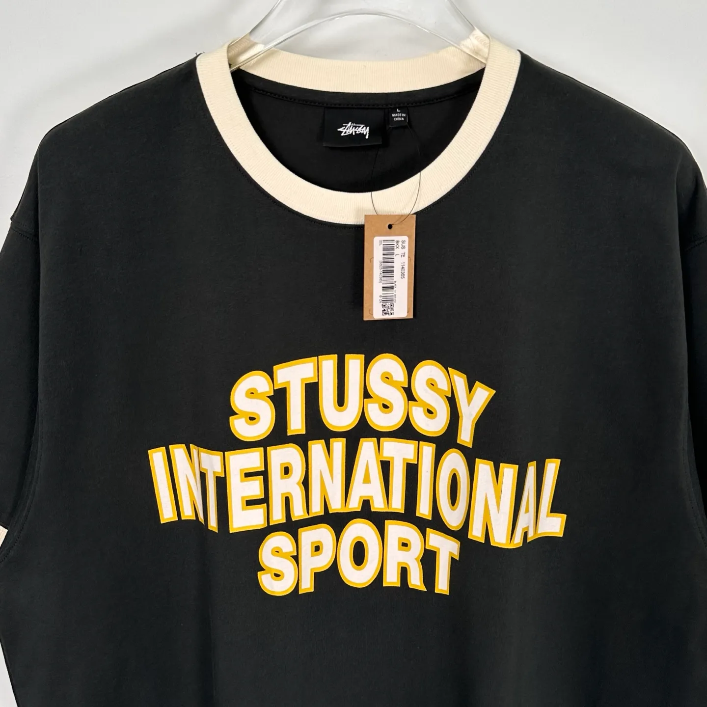 Contrast color collar T-shirt STUSSY SS25 HEAVY JERSEY CREW High weight knitted sports short-sleeved washed black beige S- XL