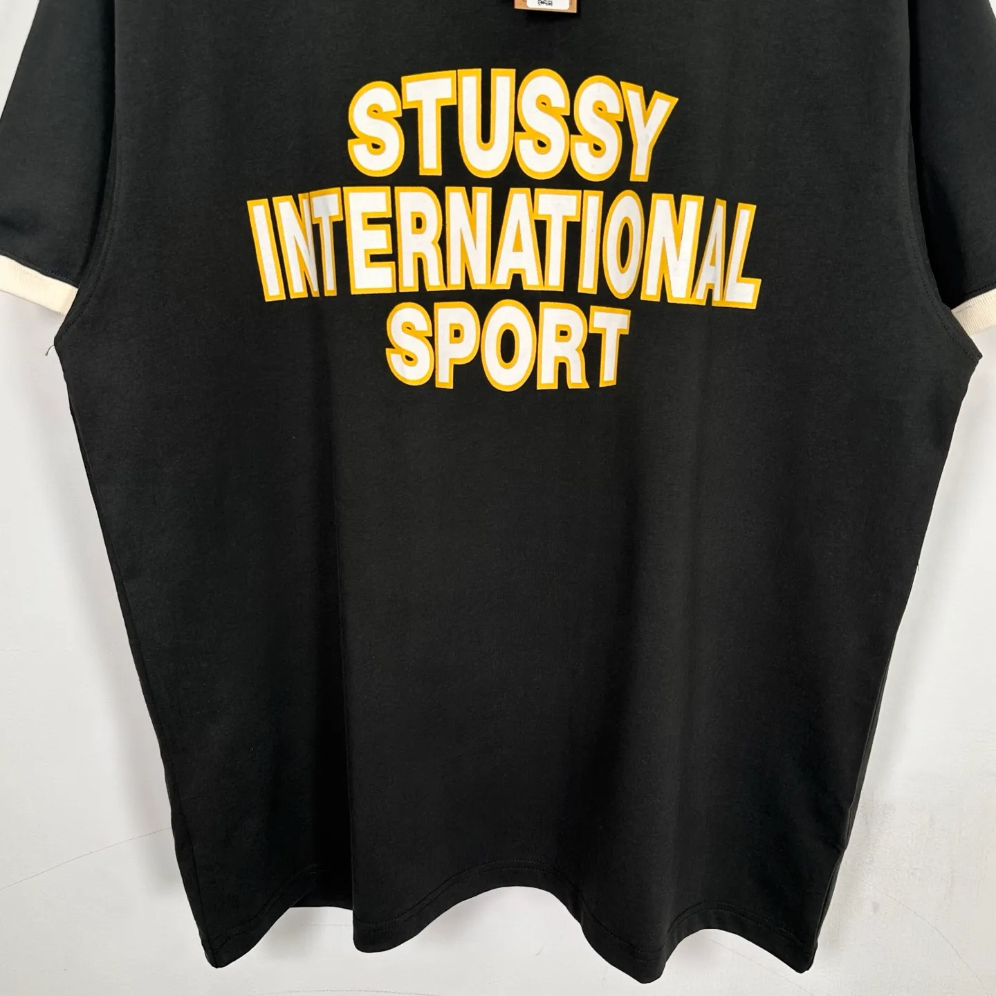 Contrast color collar T-shirt STUSSY SS25 HEAVY JERSEY CREW High weight knitted sports short-sleeved washed black beige S- XL